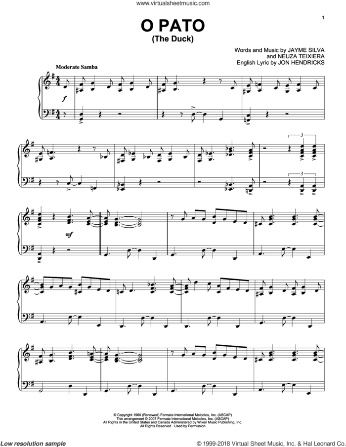 O Pato (The Duck) sheet music for piano solo by Karrin Allyson, Jayme Silva, Jon Hendricks and Neuza Teixiera, intermediate skill level