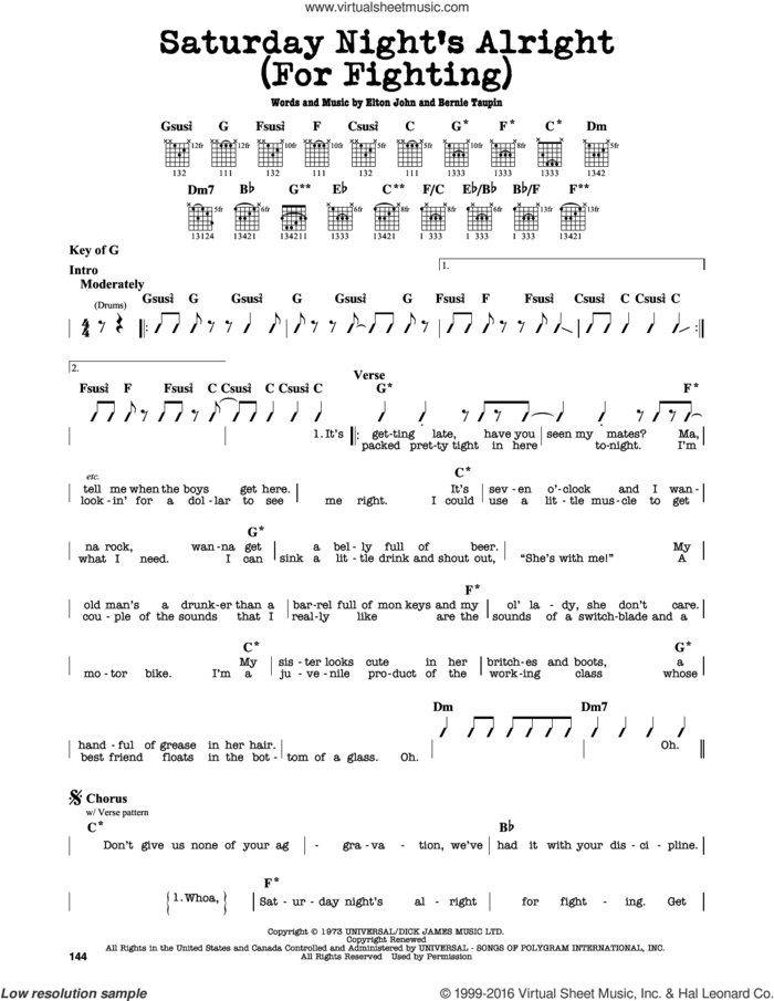 Saturday Night's Alright (For Fighting) sheet music for guitar solo (lead sheet) by Elton John and Bernie Taupin, intermediate guitar (lead sheet)