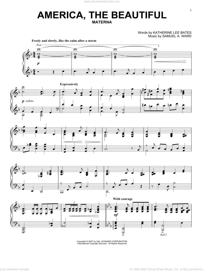 America, The Beautiful (arr. David Lantz III) sheet music for piano solo by Samuel Augustus Ward, Katharine Bates and Katherine Lee Bates, intermediate skill level