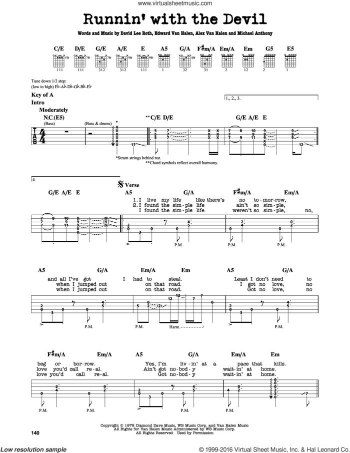Runnin' With The Devil sheet music for guitar solo (lead sheet) by Edward Van Halen, Alex Van Halen, David Lee Roth and Michael Anthony, intermediate guitar (lead sheet)