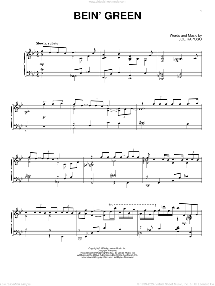 Bein' Green sheet music for piano solo by Kermit The Frog, Frank Sinatra and Joe Raposo, intermediate skill level