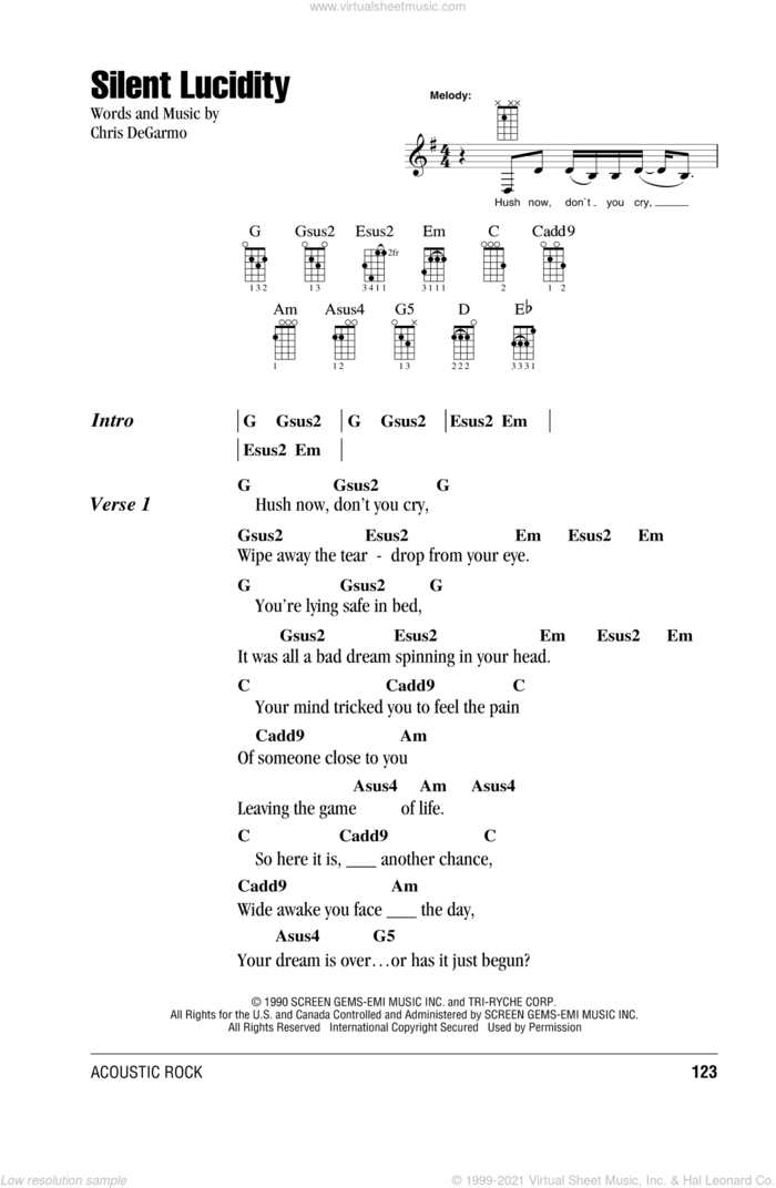 Silent Lucidity sheet music for ukulele (chords) by Queensryche and Chris DeGarmo, intermediate skill level