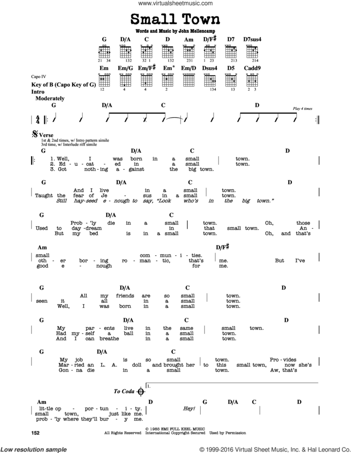 Small Town sheet music for guitar solo (lead sheet) by John Mellencamp, intermediate guitar (lead sheet)