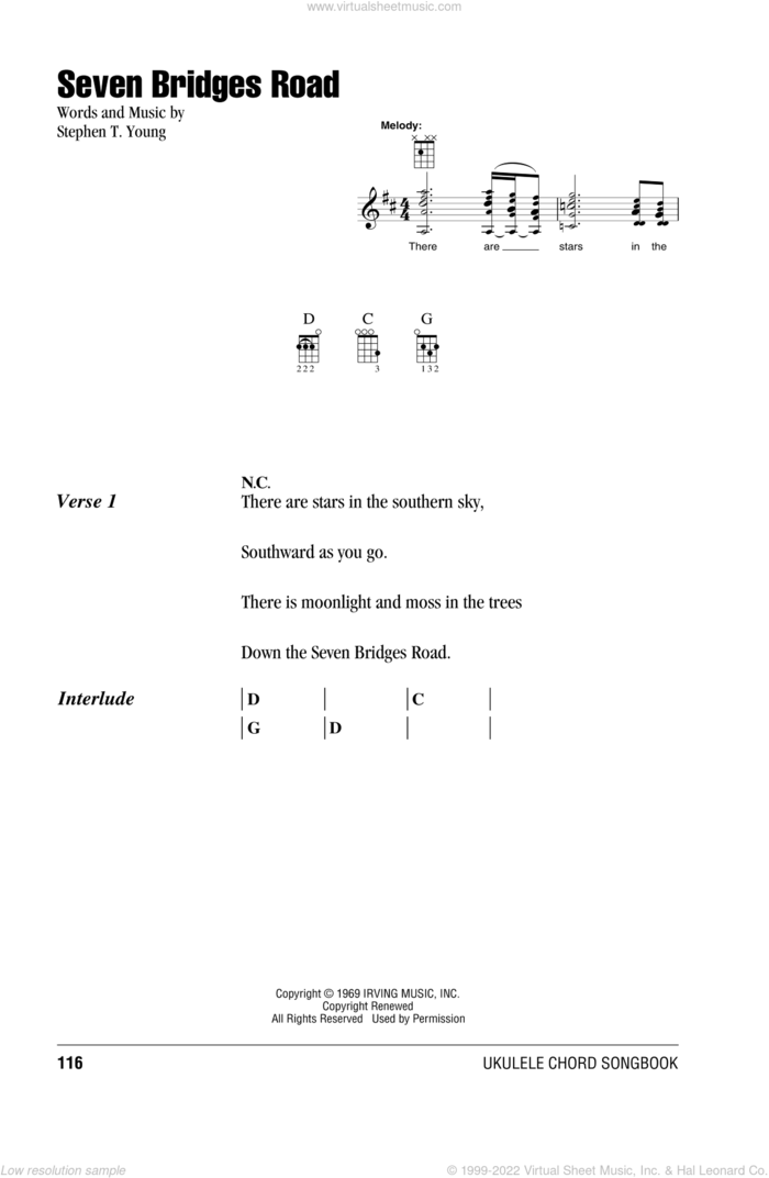 Seven Bridges Road sheet music for ukulele (chords) by Stephen T. Young and The Eagles, intermediate skill level
