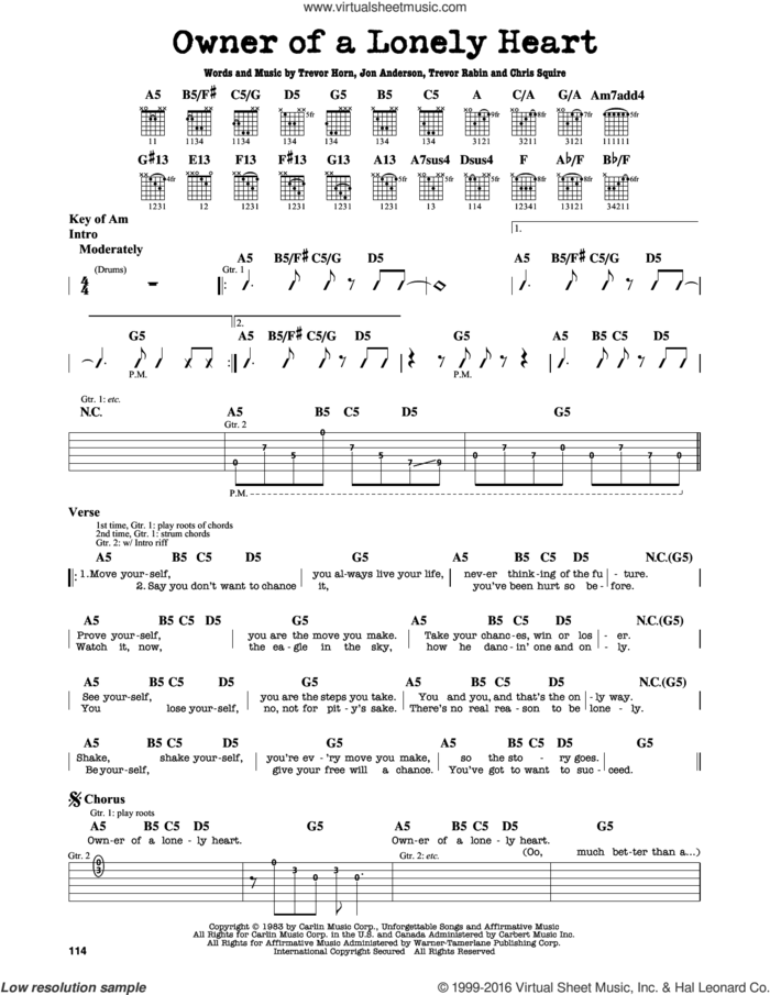 Owner Of A Lonely Heart sheet music for guitar solo (lead sheet) by Yes, Chris Squire, Jon Anderson, Trevor Horn and Trevor Rabin, intermediate guitar (lead sheet)