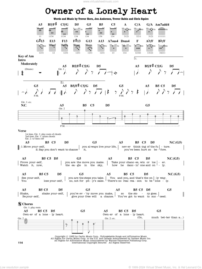Owner Of A Lonely Heart sheet music for guitar solo (lead sheet) by Yes, Chris Squire, Jon Anderson, Trevor Horn and Trevor Rabin, intermediate guitar (lead sheet)