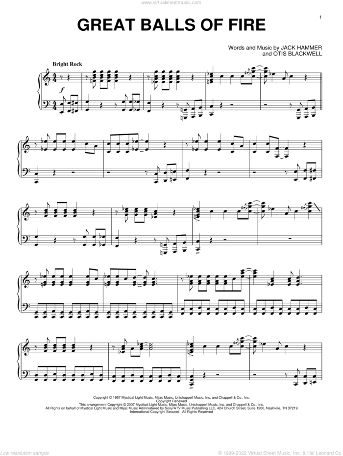 Great Balls Of Fire, (intermediate) sheet music for piano solo by Jerry Lee Lewis, Jack Hammer and Otis Blackwell, intermediate skill level