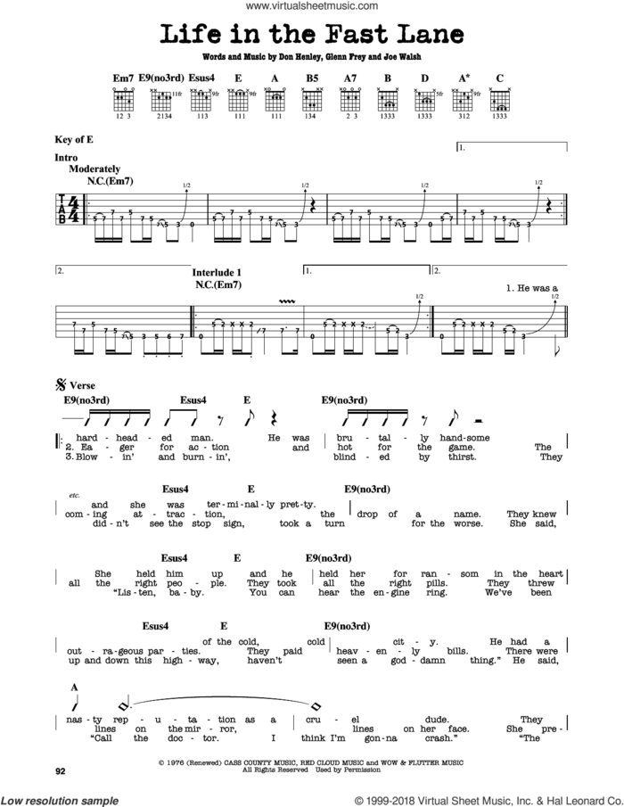 Life In The Fast Lane sheet music for guitar solo (lead sheet) by Don Henley, The Eagles, Glenn Frey and Joe Walsh, intermediate guitar (lead sheet)