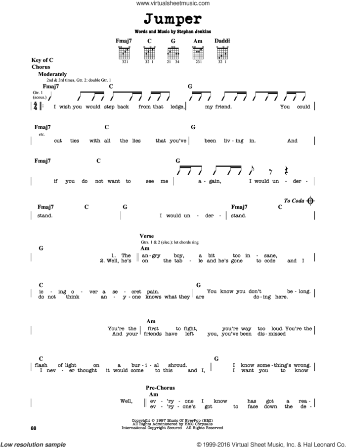 Jumper sheet music for guitar solo (lead sheet) by Third Eye Blind and Stephan Jenkins, intermediate guitar (lead sheet)
