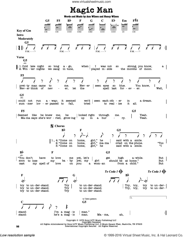 Magic Man sheet music for guitar solo (lead sheet) by Heart, Ann Wilson and Nancy Wilson, intermediate guitar (lead sheet)