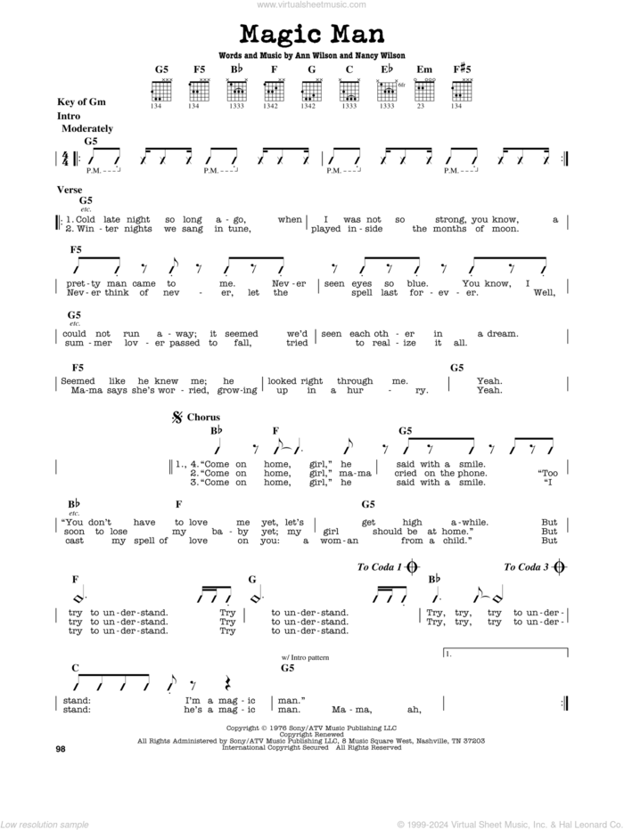 Magic Man sheet music for guitar solo (lead sheet) by Heart, Ann Wilson and Nancy Wilson, intermediate guitar (lead sheet)