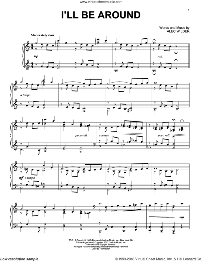 I'll Be Around sheet music for piano solo by The Mills Brothers and Alec Wilder, intermediate skill level
