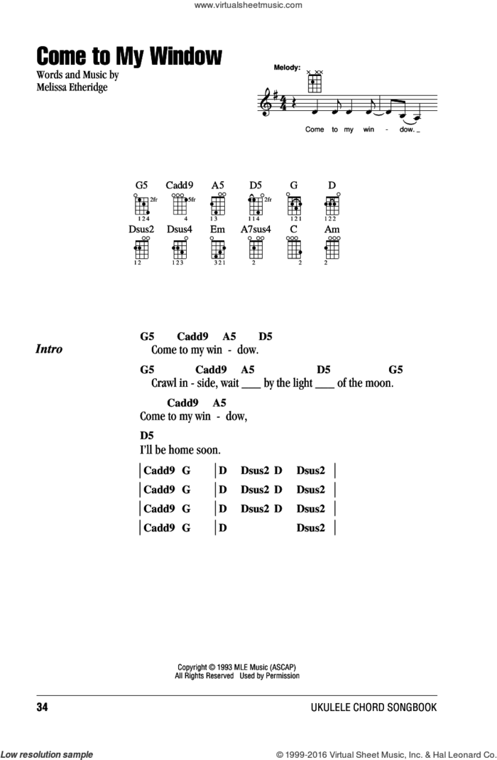 Come To My Window sheet music for ukulele (chords) by Melissa Etheridge, intermediate skill level