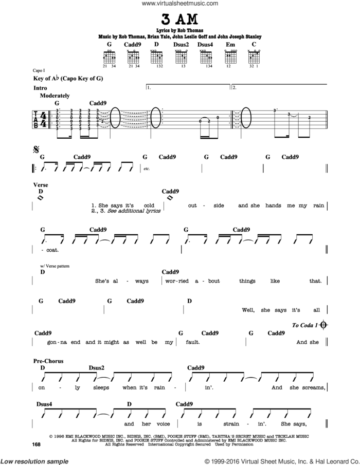 3 AM sheet music for guitar solo (lead sheet) by Matchbox Twenty, Matchbox 20, Brian Yale, Jay Stanley, John Goff and Rob Thomas, intermediate guitar (lead sheet)
