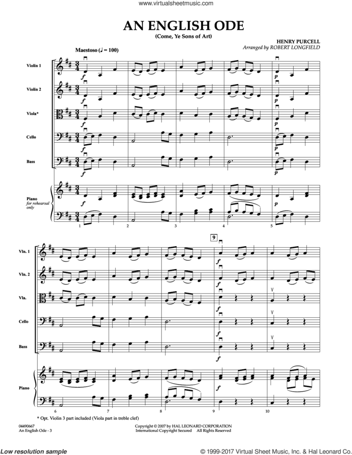 An English Ode (Come, Ye Sons of Art) (COMPLETE) sheet music for orchestra by Robert Longfield and Henry Purcell, classical score, intermediate skill level