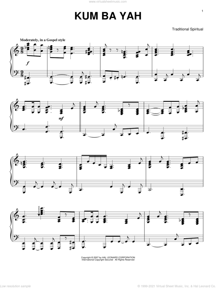 Kum Ba Yah, (intermediate) sheet music for piano solo, intermediate skill level
