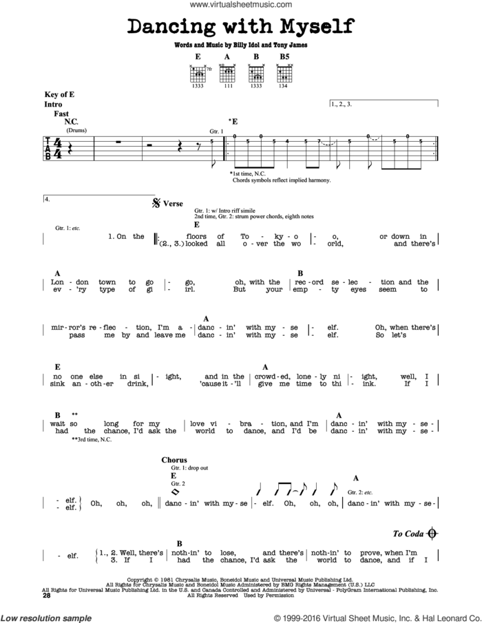 Dancing With Myself sheet music for guitar solo (lead sheet) by Billy Idol and Tony James, intermediate guitar (lead sheet)