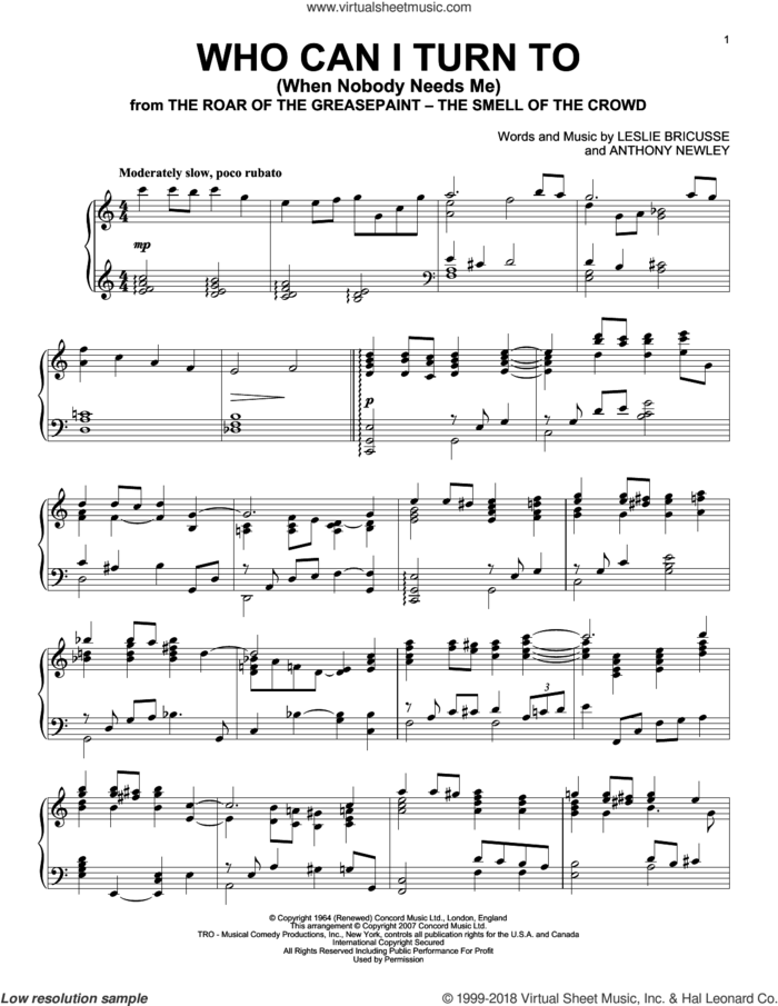 Who Can I Turn To (When Nobody Needs Me), (intermediate) sheet music for piano solo by Tony Bennett, Anthony Newley and Leslie Bricusse, intermediate skill level