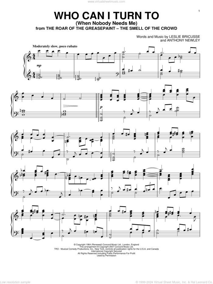 Who Can I Turn To (When Nobody Needs Me), (intermediate) sheet music for piano solo by Tony Bennett, Anthony Newley and Leslie Bricusse, intermediate skill level