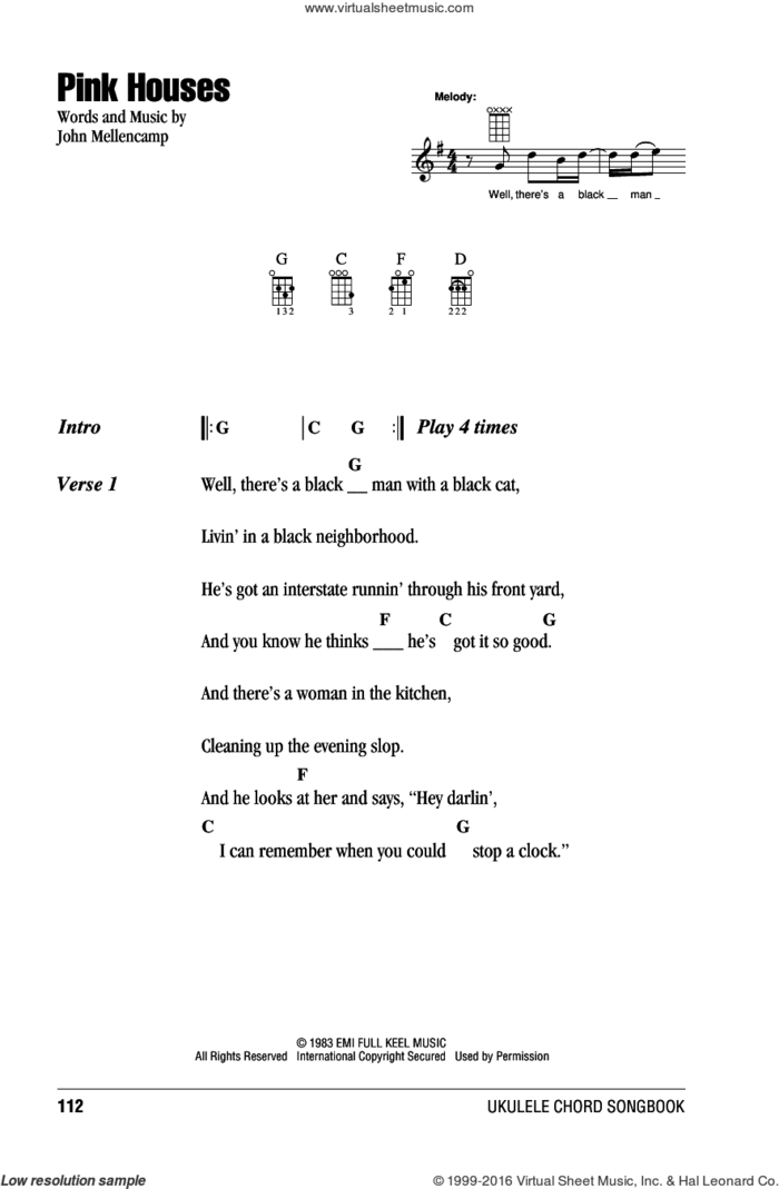 Pink Houses sheet music for ukulele (chords) by John Mellencamp, intermediate skill level