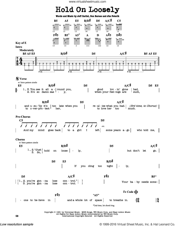 Hold On Loosely sheet music for guitar solo (lead sheet) by 38 Special, Don Barnes, Jeff Carlisi and Jim Peterik, intermediate guitar (lead sheet)