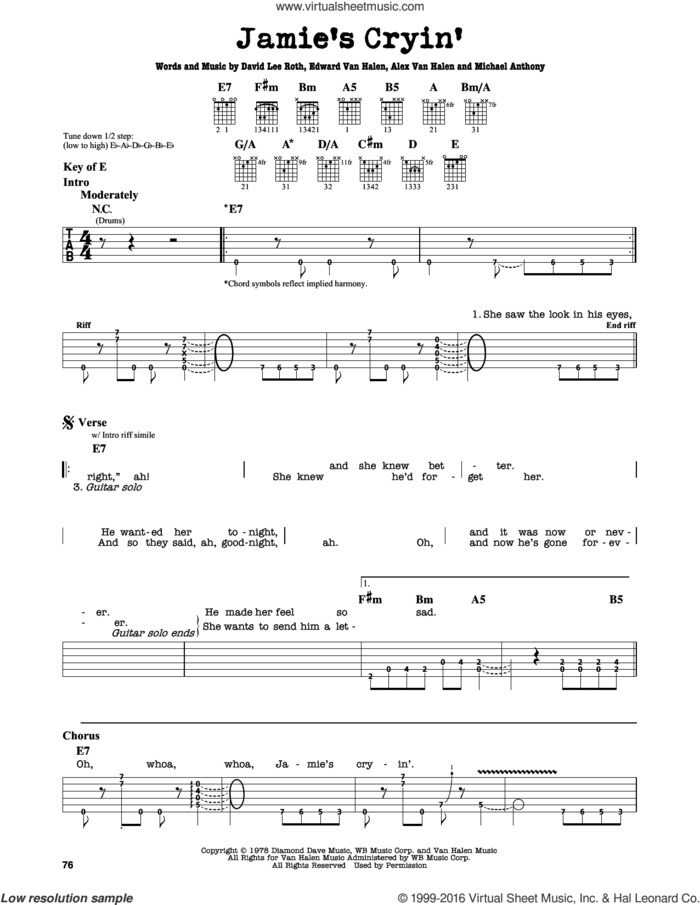 Jamie's Cryin' sheet music for guitar solo (lead sheet) by Edward Van Halen, Alex Van Halen, David Lee Roth and Michael Anthony, intermediate guitar (lead sheet)