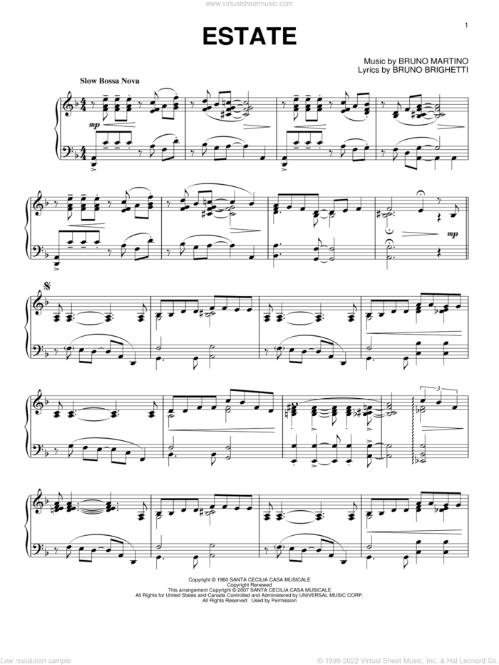 Estate sheet music for piano solo by Bruno Martino and Bruno Brighetti, intermediate skill level