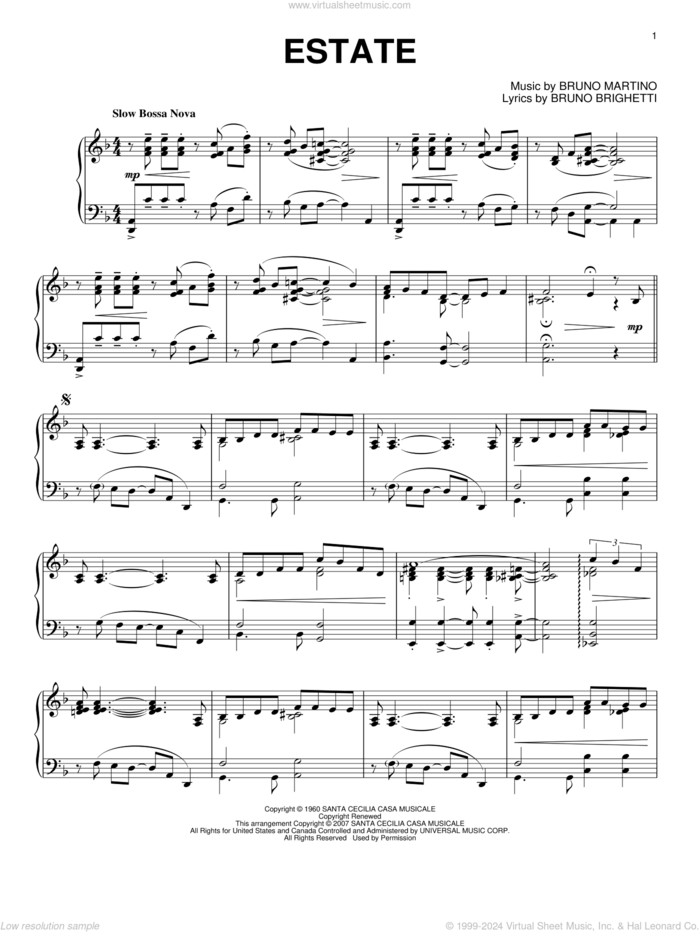 Estate sheet music for piano solo by Bruno Martino and Bruno Brighetti, intermediate skill level