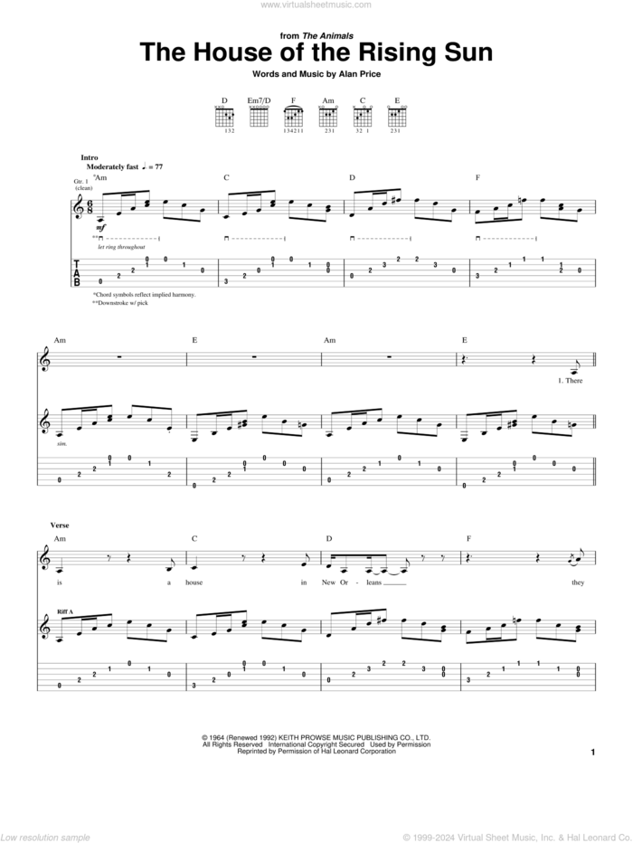 The House Of The Rising Sun sheet music for guitar (tablature) by The Animals and Alan Price, intermediate skill level
