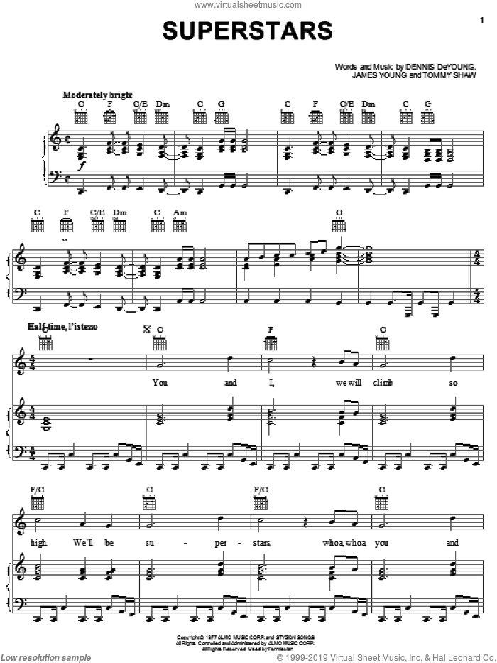 Superstars sheet music for voice, piano or guitar by Styx, Dennis DeYoung, James Young and Tommy Shaw, intermediate skill level