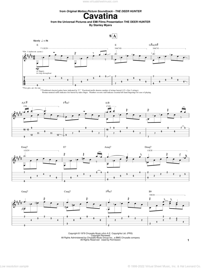 Cavatina (from The Deer Hunter) sheet music for guitar (tablature) by Stanley Myers and John Williams, intermediate skill level
