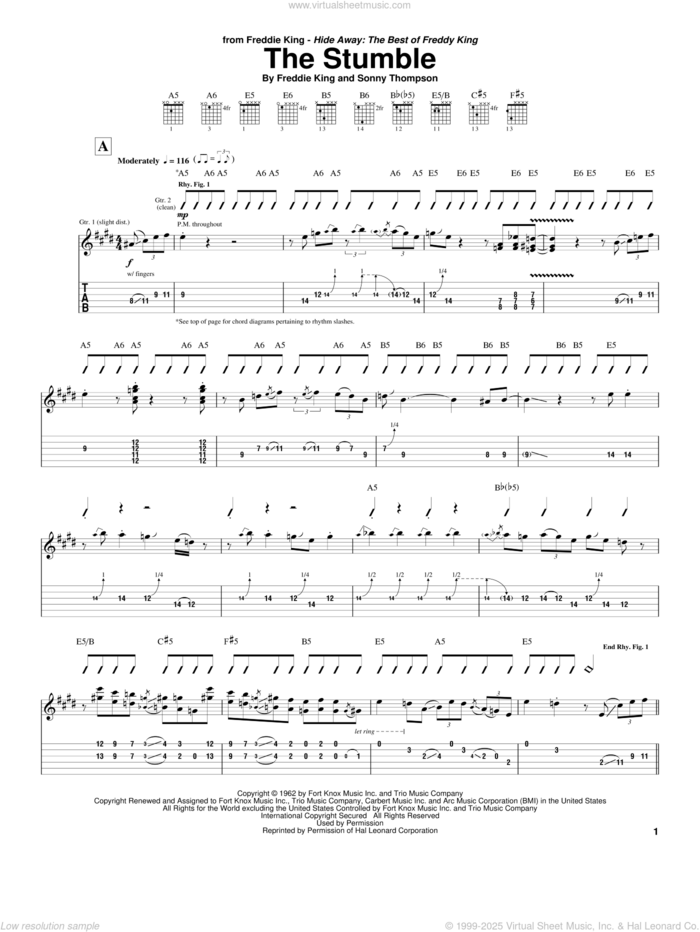 The Stumble sheet music for guitar (tablature) by Freddie King and Sonny Thompson, intermediate skill level