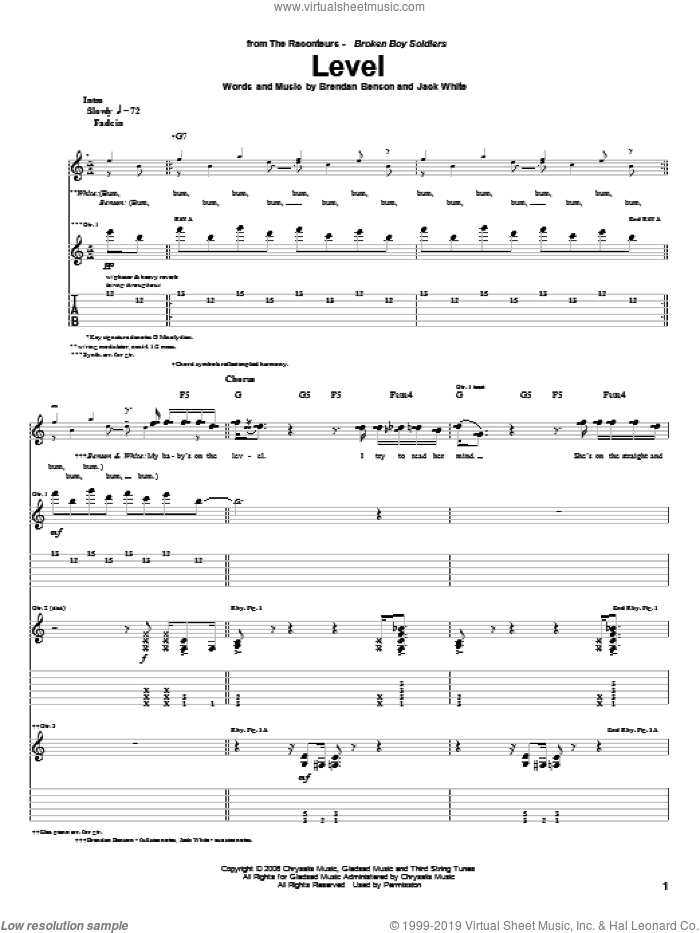 Level sheet music for guitar (tablature) by The Raconteurs, Brendan Benson and Jack White, intermediate skill level