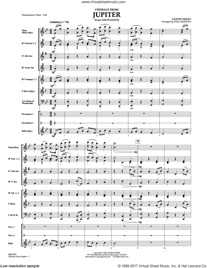 Chorale from Jupiter (COMPLETE) sheet music for concert band by Paul Murtha and Gustav Holst, classical score, intermediate skill level