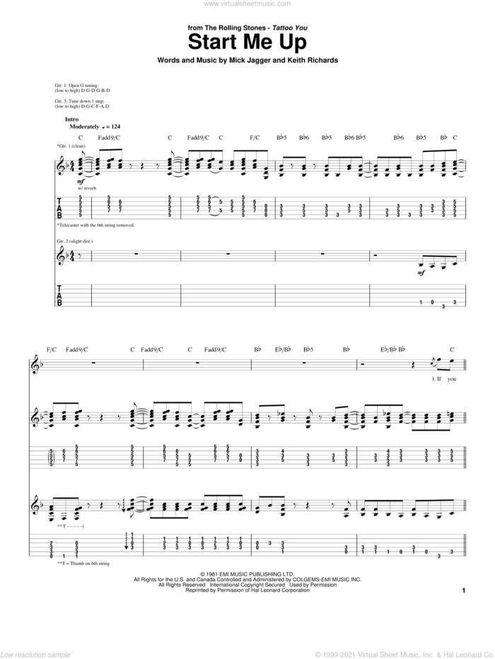 Start Me Up sheet music for guitar (tablature) by The Rolling Stones, Keith Richards and Mick Jagger, intermediate skill level