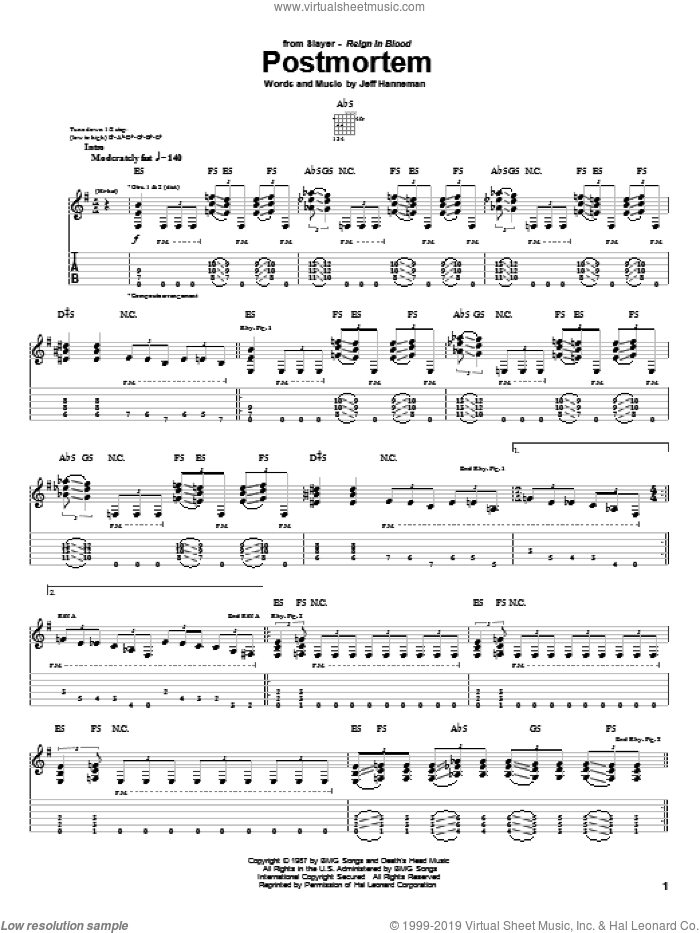 Postmortem sheet music for guitar (tablature) by Slayer and Jeff Hanneman, intermediate skill level