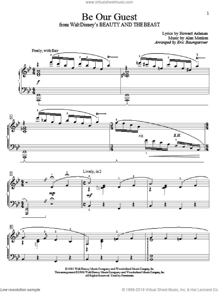 Be Our Guest (from Beauty And The Beast) (arr. Eric Baumgartner) sheet music for piano solo (elementary) by Alan Menken, Eric Baumgartner, Beauty And The Beast, Alan Menken & Howard Ashman and Howard Ashman, beginner piano (elementary)