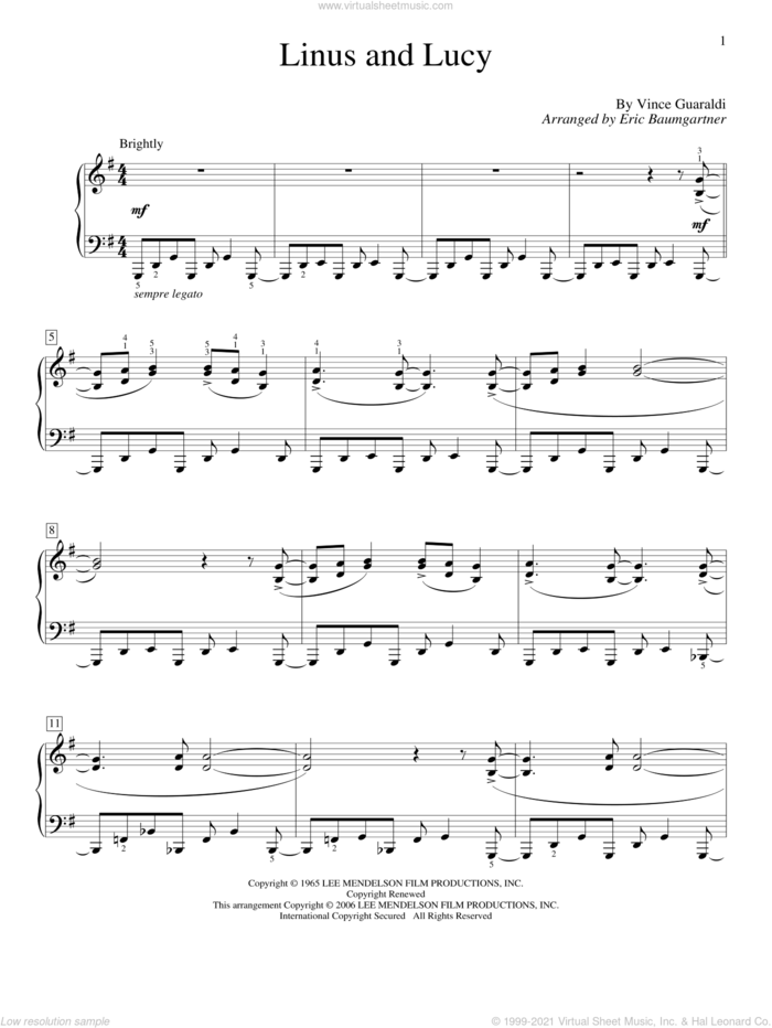 Linus And Lucy sheet music for piano solo (elementary) by Vince Guaraldi and Eric Baumgartner, beginner piano (elementary)