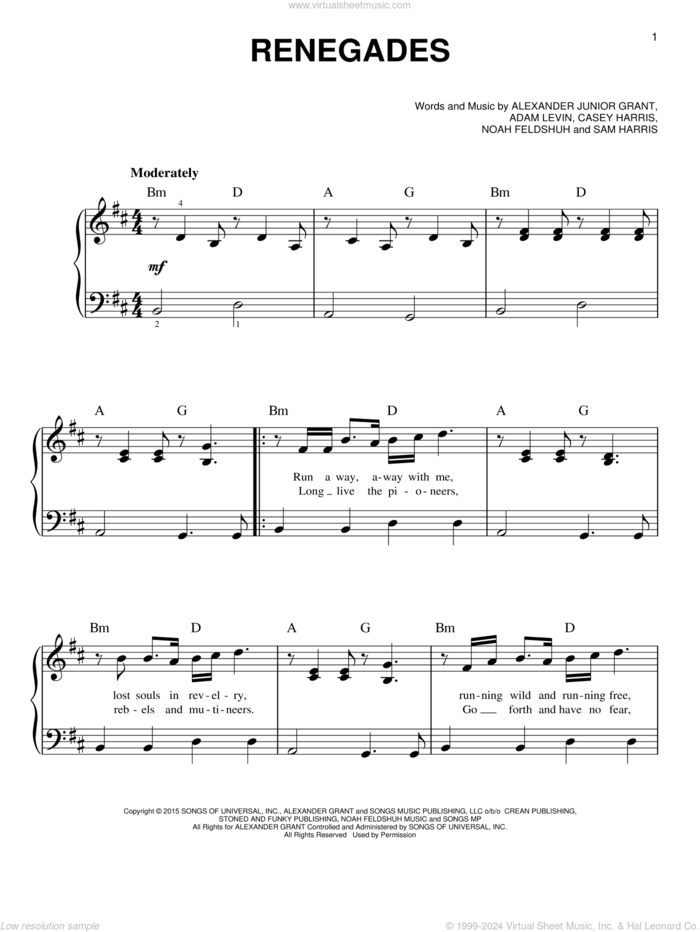 Renegades sheet music for piano solo by X Ambassadors, Adam Levin, Alexander Junior Grant, Casey Harris, Noah Feldshuh and Samuel Harris, easy skill level