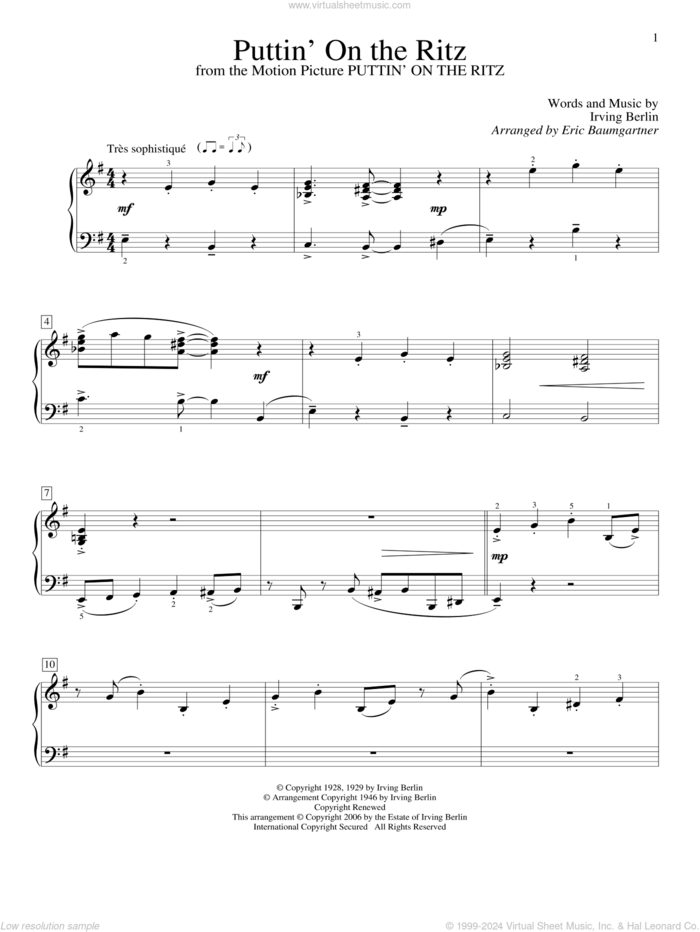 Puttin' On The Ritz sheet music for piano solo (elementary) by Irving Berlin and Eric Baumgartner, beginner piano (elementary)