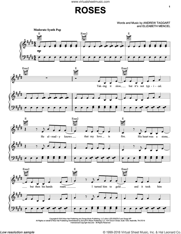 Roses sheet music for voice, piano or guitar by The Chainsmokers featuring ROZES, The Chainsmokers, Andrew Taggart and Elizabeth Mencel, intermediate skill level