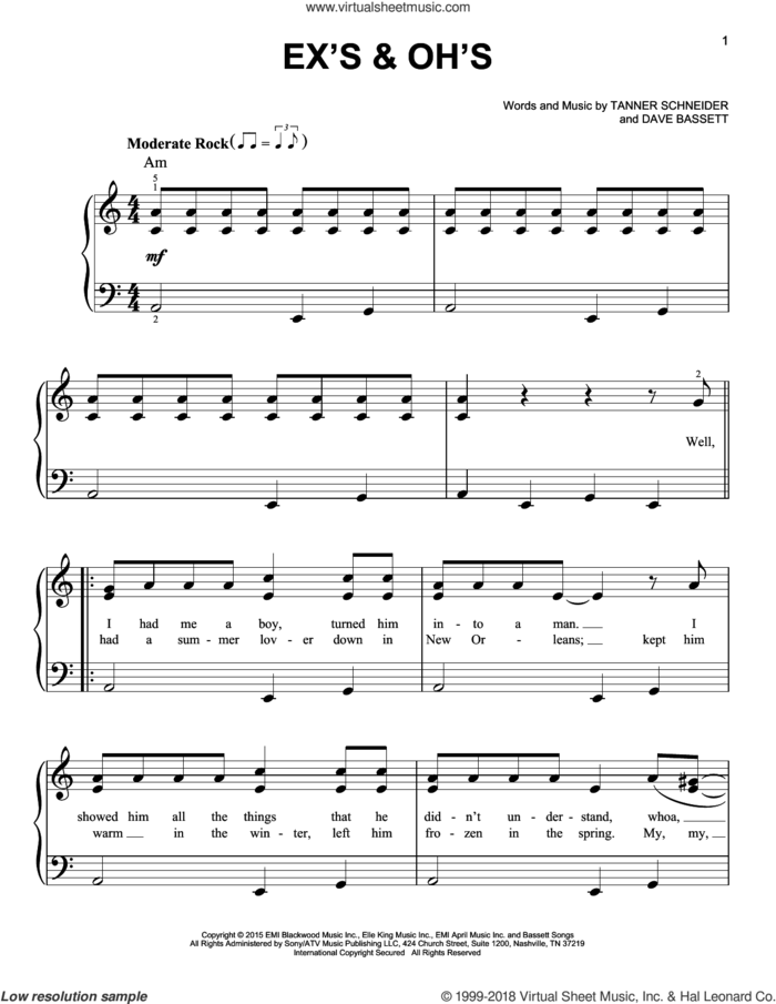 Ex's and Oh's sheet music for piano solo by Elle King, Dave Bassett and Tanner Schneider, easy skill level