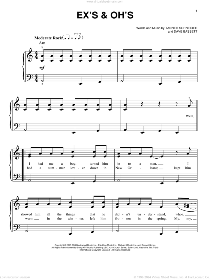 Ex's and Oh's sheet music for piano solo by Elle King, Dave Bassett and Tanner Schneider, easy skill level