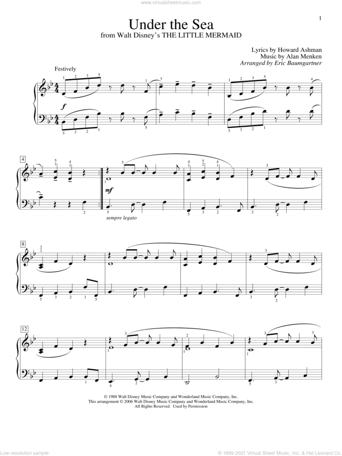 Under The Sea (from The Little Mermaid) sheet music for piano solo (elementary) by Alan Menken, Eric Baumgartner, The Little Mermaid (Movie) and Howard Ashman, beginner piano (elementary)