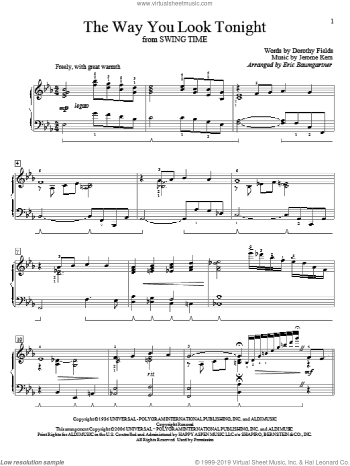 The Way You Look Tonight sheet music for piano solo (elementary) by Jerome Kern, Eric Baumgartner and Dorothy Fields, wedding score, beginner piano (elementary)