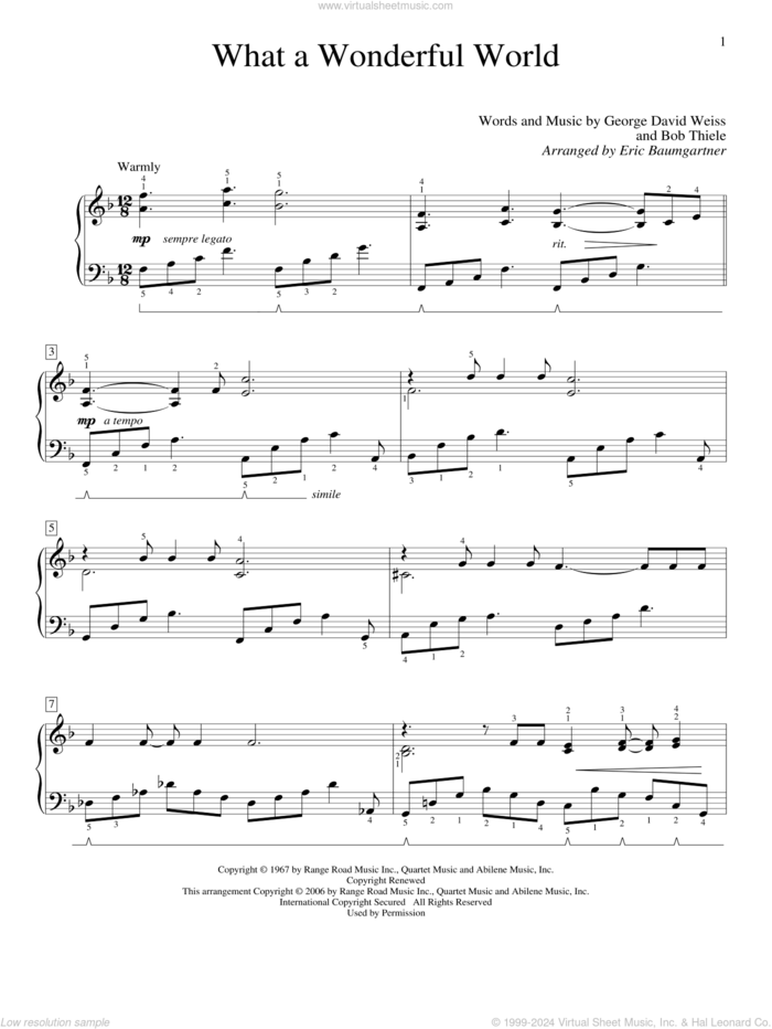What A Wonderful World sheet music for piano solo (elementary) by George David Weiss, Eric Baumgartner, Louis Armstrong and Bob Thiele, beginner piano (elementary)