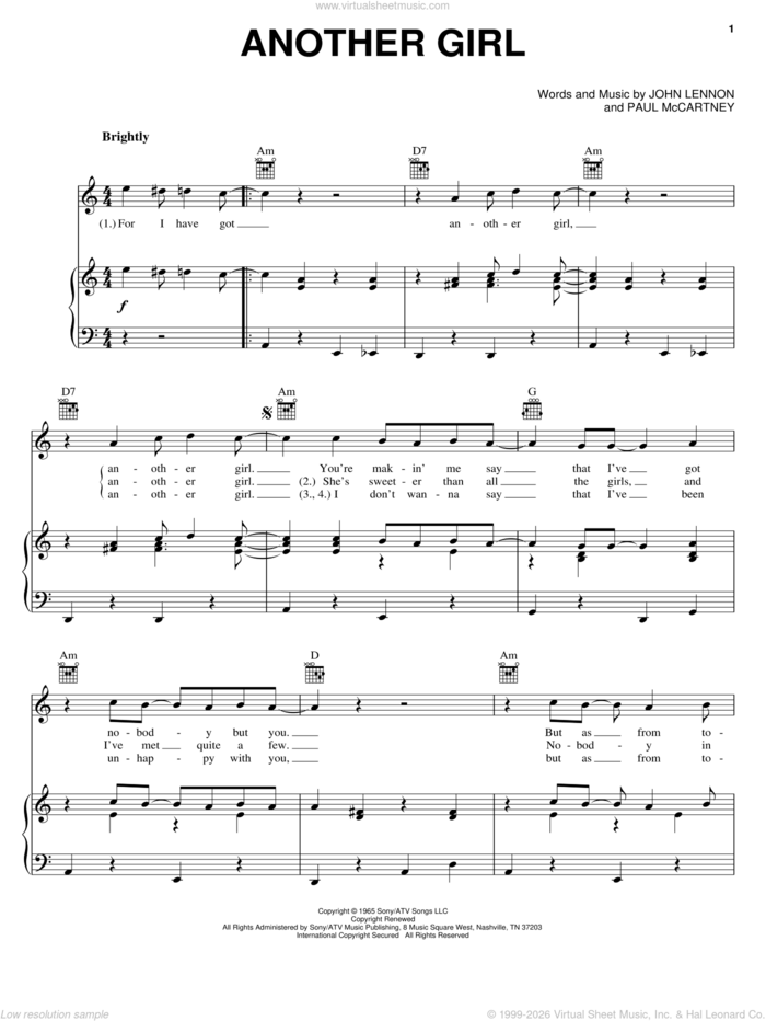 Another Girl sheet music for voice, piano or guitar by The Beatles, John Lennon and Paul McCartney, intermediate skill level