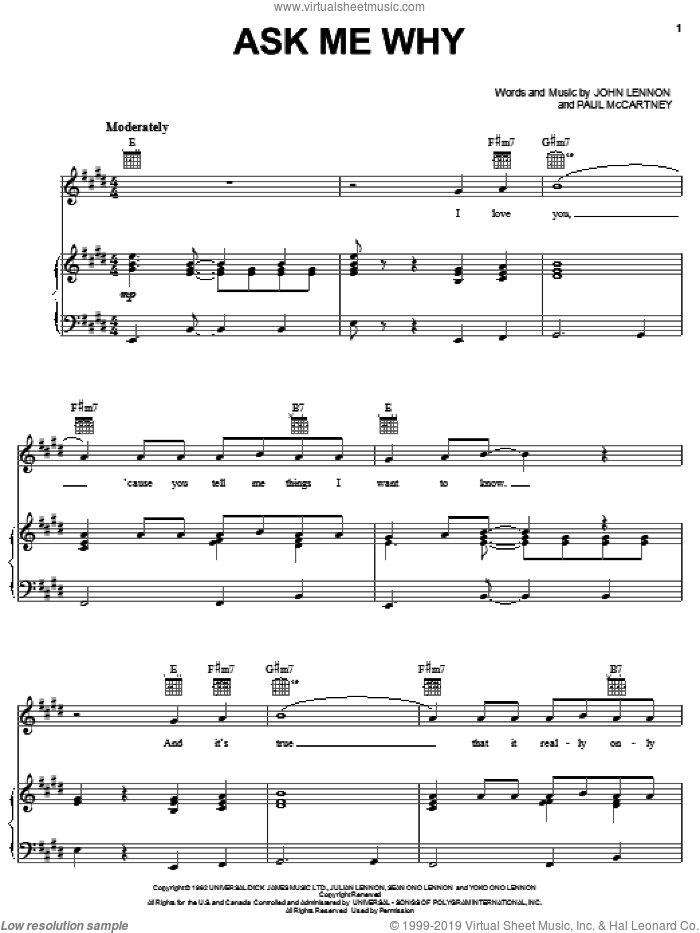 Ask Me Why sheet music for voice, piano or guitar by The Beatles, John Lennon and Paul McCartney, intermediate skill level