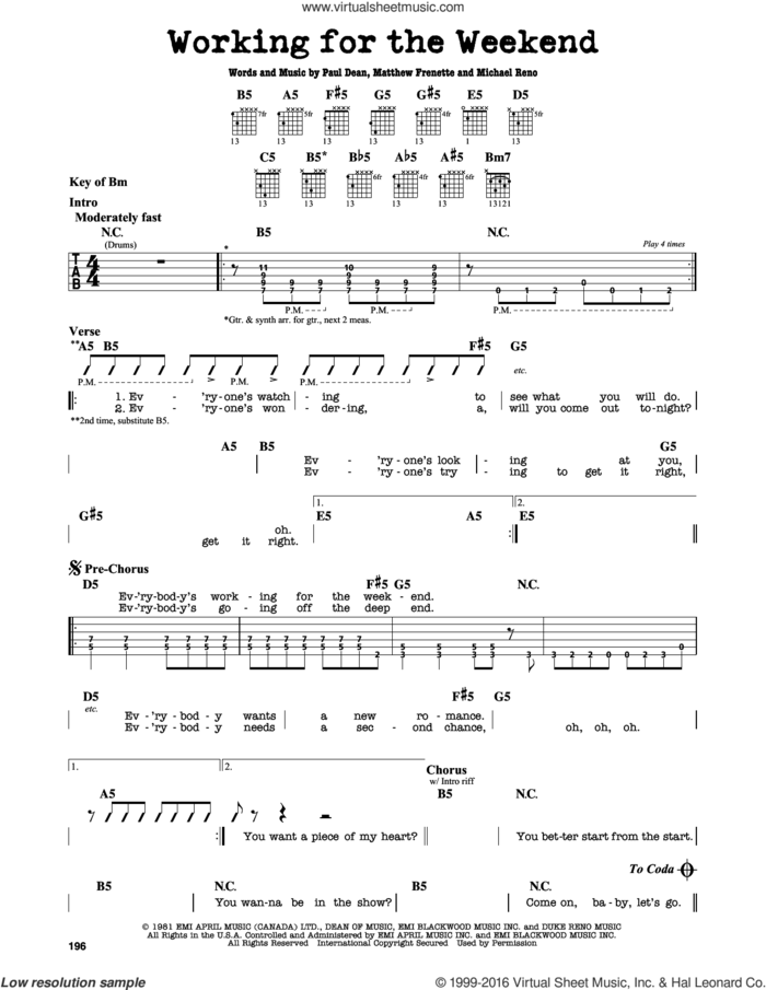 Working For The Weekend sheet music for guitar solo (lead sheet) by Loverboy, Matthew Frenette, Michael Reno and Paul Dean, intermediate guitar (lead sheet)
