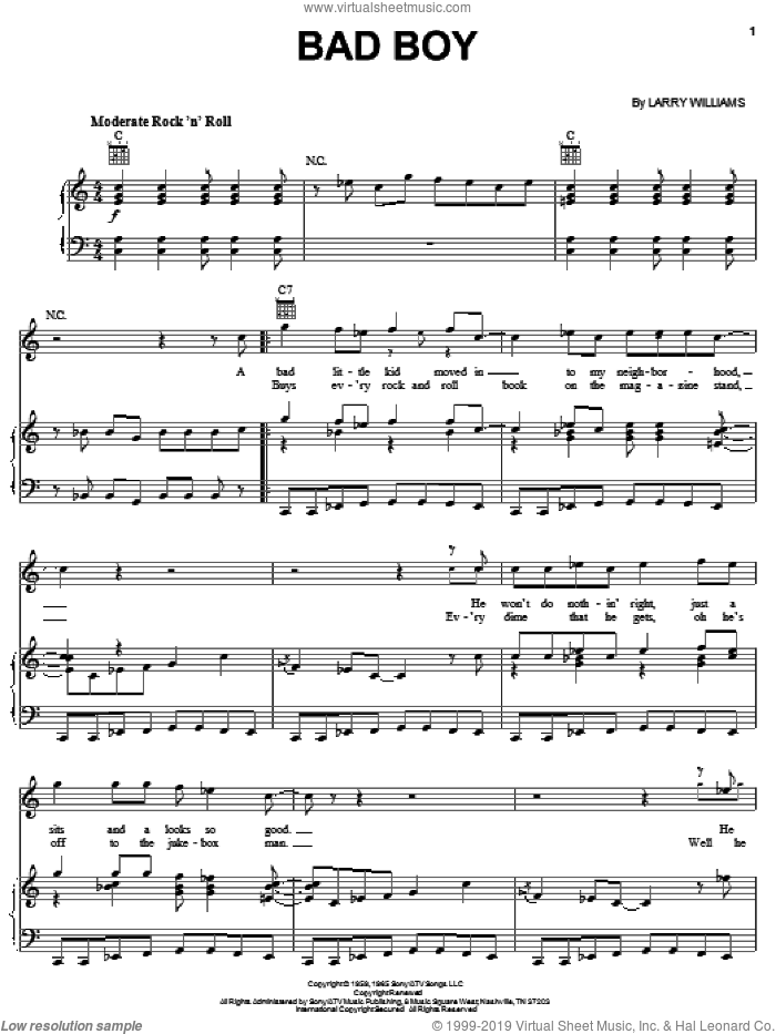 Bad Boy sheet music for voice, piano or guitar by The Beatles and Larry Williams, intermediate skill level